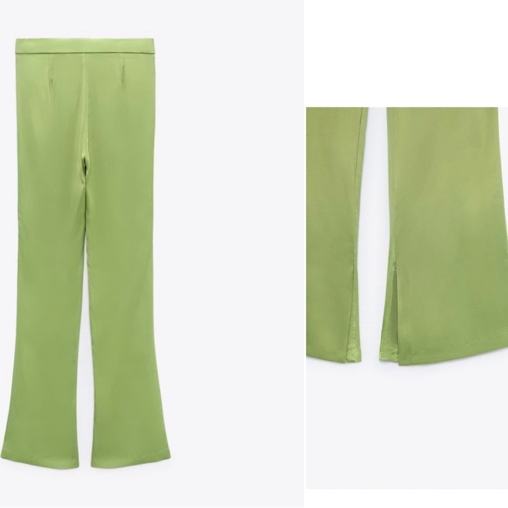 Zara green satin effect flare pants Sz S NWOT